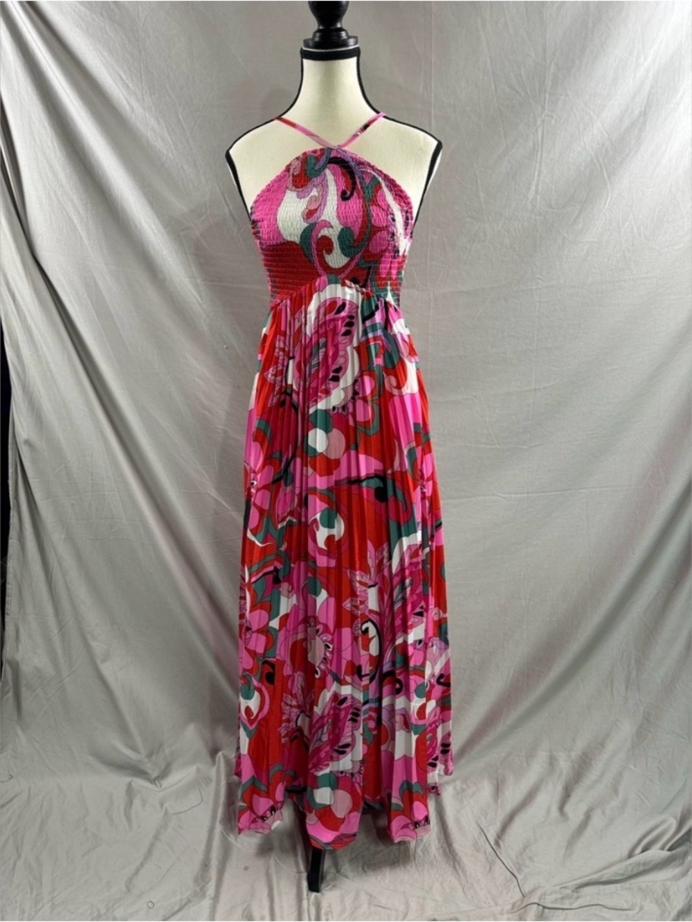 Floral Print Pleated Hem Shirred Halter Neck Dress